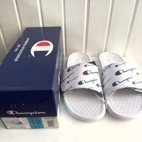 Champion Men’s 12 Unisex White W Blue script Logo Velcro top adjustable slides - Picture 1 of 12